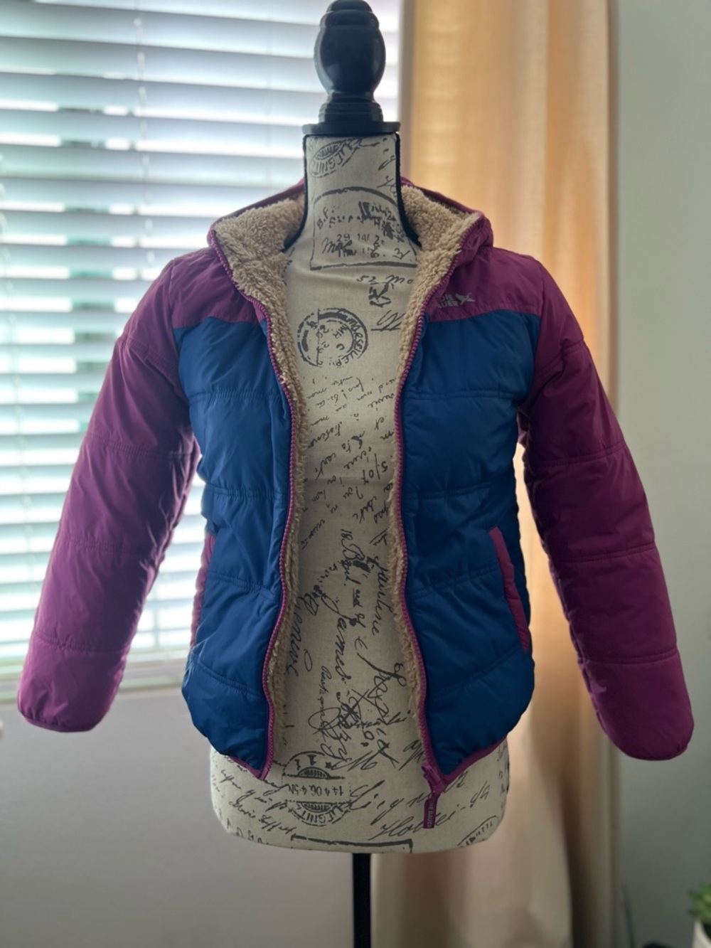 Eddie Bauer Reversibile kids jacket: blue & purple/ brown teddy.